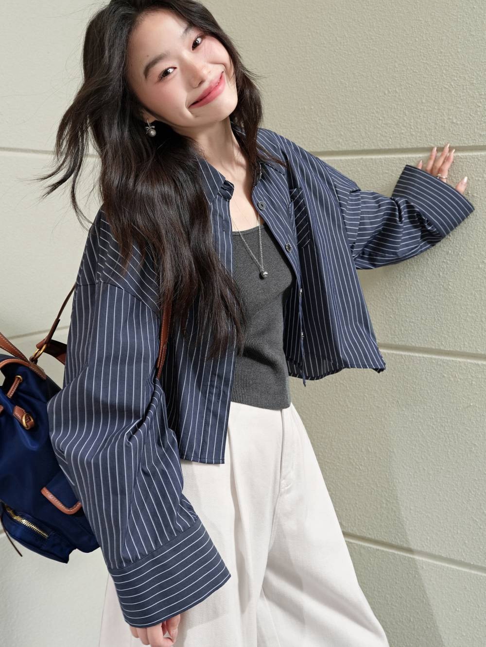 Kuose L Crop Boxy Navy Pinstripe Shirt Jacket Modern Crisp Fall Classic Office